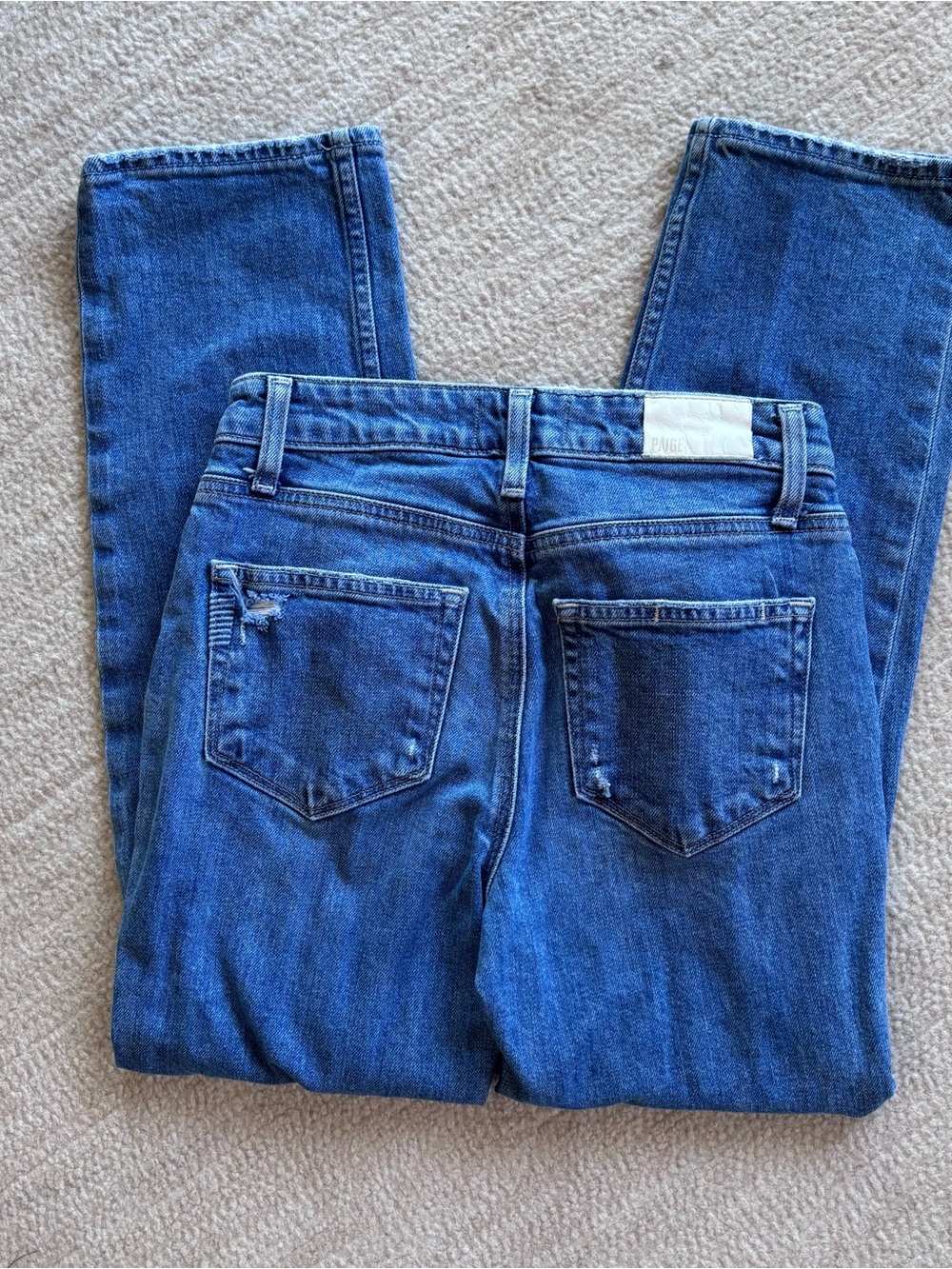 PAIGE Straight Leg Distressed Ripped Jeans in Medium Blue Wash 23